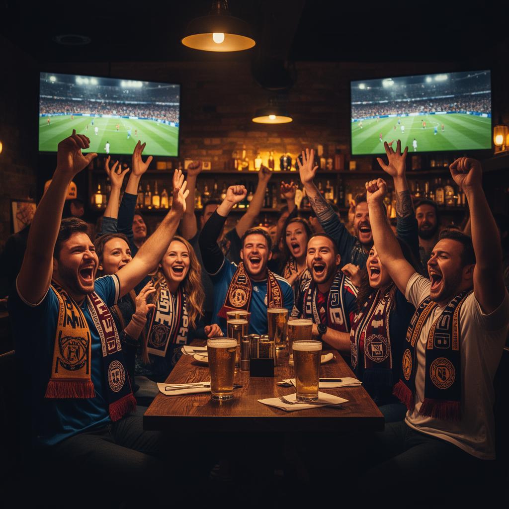 Soccer fans cheering together at a bar